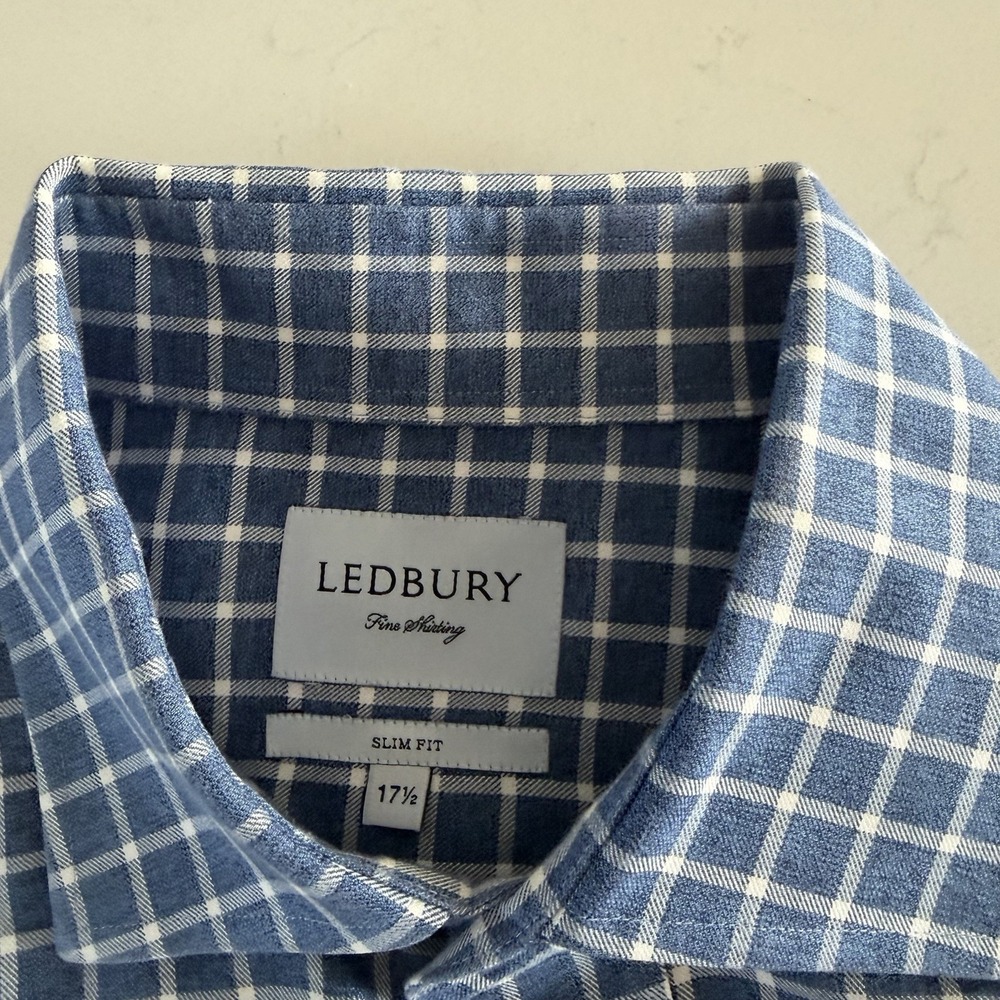 LEDBURY Slim Fit 100% Cotton Blue Herringbone Check Dress Shirt 17.5 34/35 - Picture 2 of 7